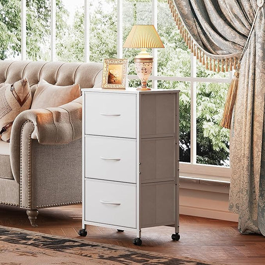 WLIVE Dresser with 3 Drawers, Fabric Nightstand, Cabinet with Wheels, Organizer Storage Dresser for Bedroom, Office, Entryway, Closets, Sturdy Steel Frame, Wood Top, Easy Pull Handle, White