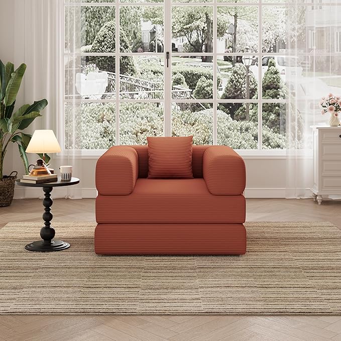 BSHOMGI Folding Sofa Bed, 2 in 1 Convertible Sofas to Lounger Comfy Single Bean Bag Chair Floor Portable Foldable Sleeper Lazy Futon Couch Chair for Bedroom, Living Room(Orange, 35.43" Single Sofa)