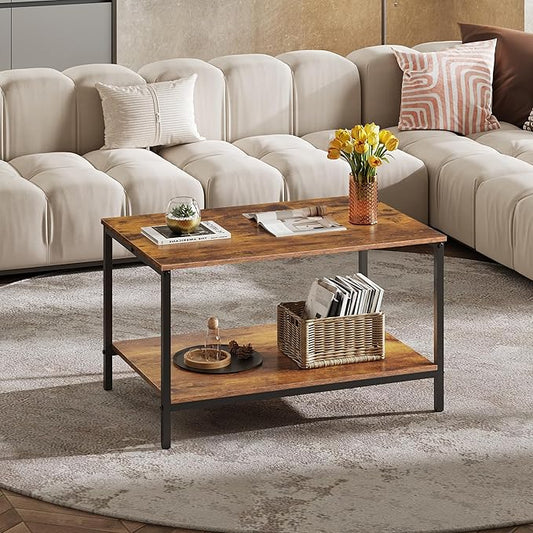 WLIVE Small Coffee Table for Living Room, 31.3" Modern Industrial Coffee Table with Storage Shelf & Metal Frame, 2-Tier Wood Center Table for Small Spaces Apartment, Home, Charcoal Black