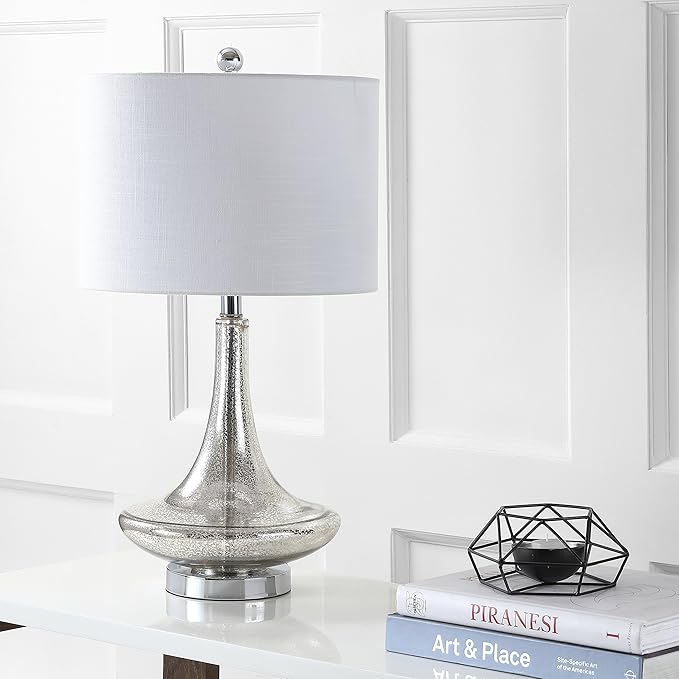 JONATHAN Y 25.5" Mercury Silver Glass Teardrop Table Lamp Set of 2 for Bedroom, Modern Bedside Lamps for Living Room, White Linen Drum Shade, LED Bulbs Included JYL1081A-SET2