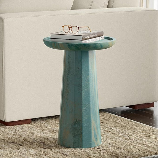 SIMPLIHOME Dayton End Table - 13 inch Wide Solid Mango Wood Round Accent Table in Teal Wash, Handcrafted Contemporary Nightstand or Lamp Stand for Living Room with Textured Finish, Assembled