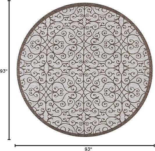 JONATHAN Y Vintage Filigree Indoor Outdoor Round Area Rug 8 Ft Taupe/Espresso, Madrid Textured Weave for Backyard, Patio, Porch, Easy-Cleaning, High Traffic, Pet-Friendly, Non-Shedding (SMB107C-8R)