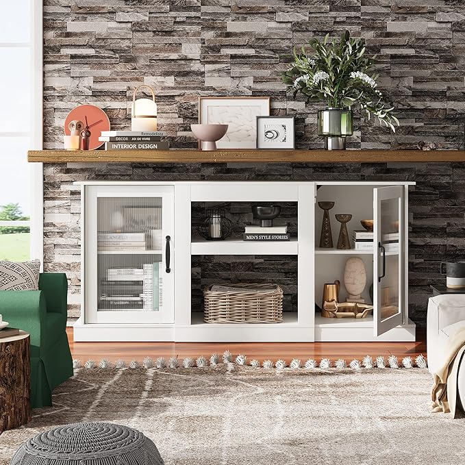 WLIVE Farmhouse TV Stand for 65 inch TV, 58" Entertainment Center with Storage Cabinets, Open Shelves TV Console for Living Room and Bedroom, White