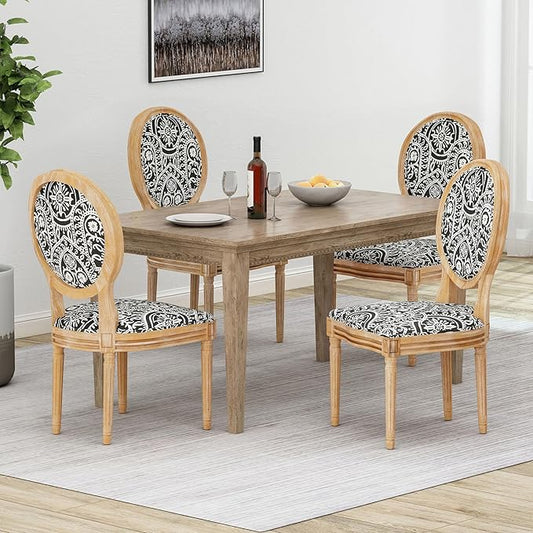 Christopher Knight Home Hulda French Country Fabric Dining Chairs (Set of 4), Black and White Pattern, Natural