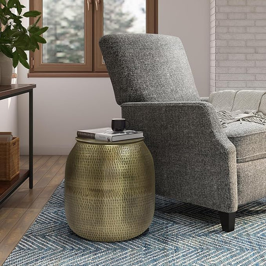 SIMPLIHOME Griffen Metal Storage Accent Table - 19 inch Wide Solid Metal Round Drum Side Table in Antique Gold, Contemporary End Table for Living Room with Hidden Storage Space, Assembled