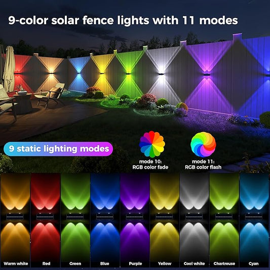 Solar Fence Lights Outdoor,Solar Up and Down Lights Garden Fence Wall Lights Solar Powered IP65 Waterproof 9 Colors 11 Modes RGB Fence Lighting for Patio/Backyard/Porch/Fence (8)