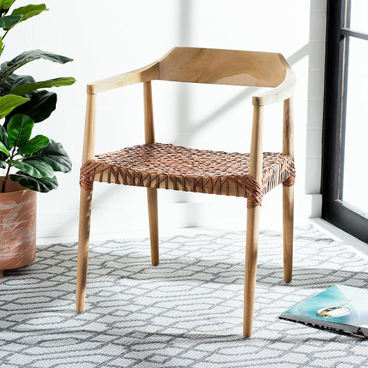 SAFAVIEH Home Collection Munro Natural Teak Wood/Light Honey Leather Woven Accent Chair (Fully Assembled)
