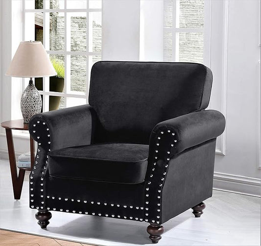 Container Furniture Direct Lotus Mid Century Modern Velvet Upholstered Living Room Rolled Arms, Chair, Midnight