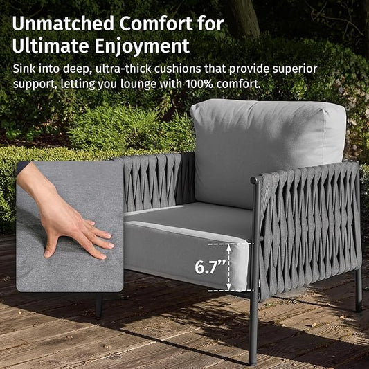 East Oak 3-Piece Patio Furniture Set | Armchairs & Coffee Table | Outdoor Furniture with Cushions | Deep Seating Modern Conversation Set | Garden, Porch, Balcony & Backyard | Misty Grey