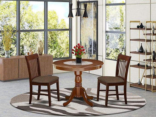 East West Furniture ANNO3-MAH-C 3 Piece Kitchen Table & Chairs Set Contains a Round Dining Room Table with Pedestal and 2 Linen Fabric Dining Room Chairs, 36x36 Inch, Mahogany