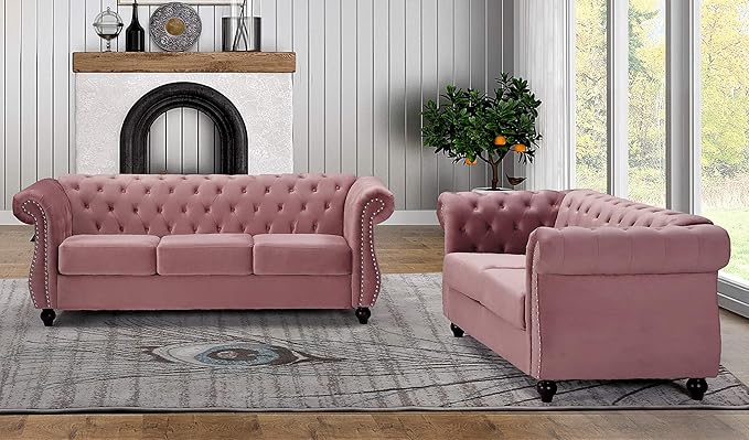 Container Furniture Direct Feinstein Modern Velvet Chesterfield Couches for Living Room with Nailheads, Diamond Tufting & Durable Metal Frame, Loveseat, Rose