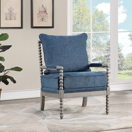 OSP Home Furnishings Abbott Spindle Accent Chair with Padded Spring Seat and Brushed Grey Base, Azure Blue Fabric