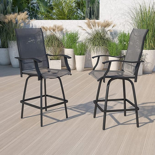 Flash Furniture Valerie All-Weather Swivel Patio Barstools with Footrest and Armrests, Modern Sling Outdoor Bar Height Stools, Set of 2, Gray