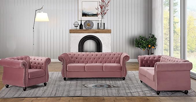 Container Furniture Direct Feinstein Modern Velvet Chesterfield Couches for Living Room with Nailheads, Diamond Tufting & Durable Metal Frame, Chair, Rose