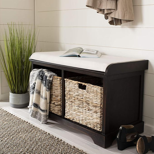 SAFAVIEH Home Collection – Freddy Brown Storage Bench with Wicker Baskets & Cushion, Entryway Seating Bench, Fully Assembled (AMH5736A)