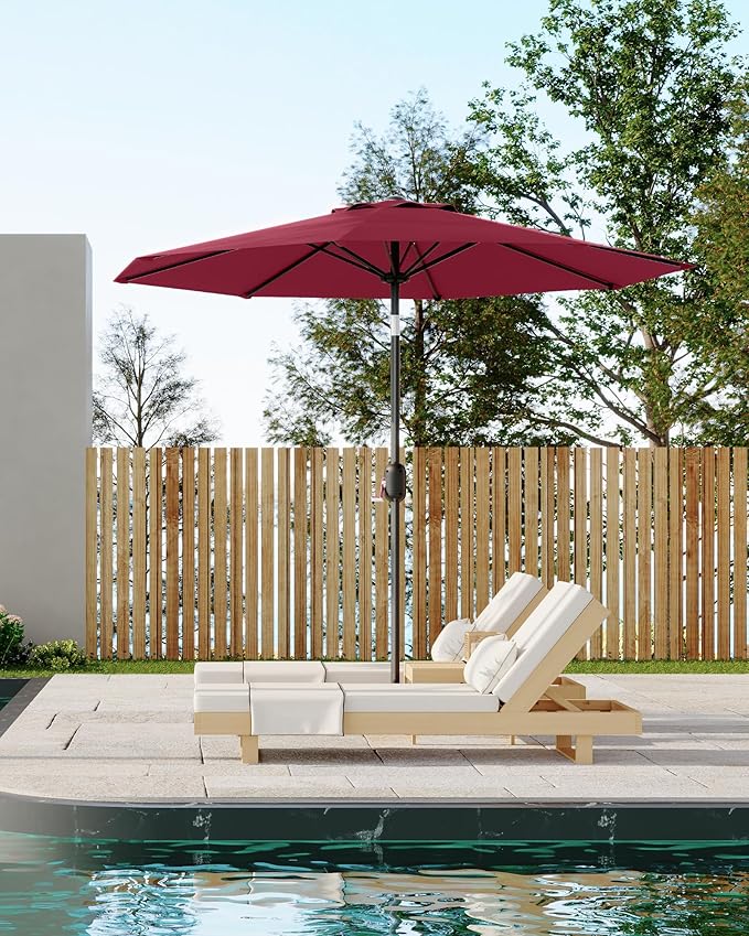 GarveeLife 9 ft Patio Umbrella, Outdoor Table Market Umbrella with Push Button Tilt and Crank, 8 Sturdy Ribs UV Protection Waterproof for Garden, Deck, Backyard, Pool (Dark Red)