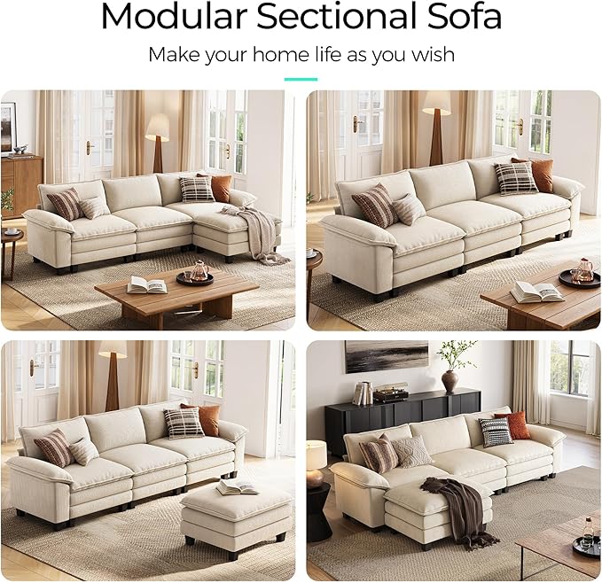 LINSY HOME 123'' Modular Sectional Sofa Beige Couch Corduroy Cloud Couches for Living Room, L Shaped Couch with Movable Ottoman, Modern Cloud Sectional Sofas for Bedroom and Apartment, Beige