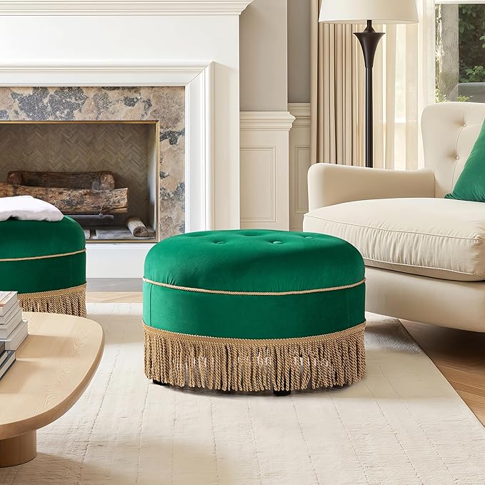 Jennifer Taylor Home Yolanda 24" Round Upholstered Accent Ottoman, Ultramarine Green