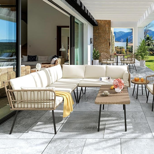 YITAHOME 4 Pieces Patio Furniture Set with 5 Seater Outdoor Sectional with Thickness Cushions and Side Table Boho Patio Conversation Set Outdoor Furniture Set for Backyard Porch Balcony