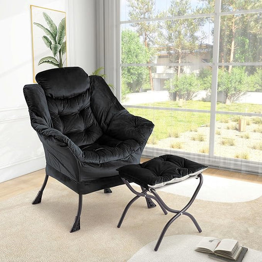 GarveeHome Lazy Chair with Ottoman, Modern Lounge Accent Chair, Leisure Sofa Armchair with Footrest, Reading Armchair with Side Pocket for Living Room, Bedroom, Dorm & Office (Black)