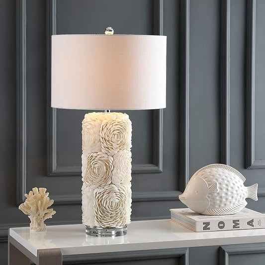 JONATHAN Y 28.5" Cream Seashell Resin and Crystal LED Table Lamp, Coastal Floral Mosaic Column Lamp with White Linen Drum Shade for Living Room, LED Bulb Included JYL1006A