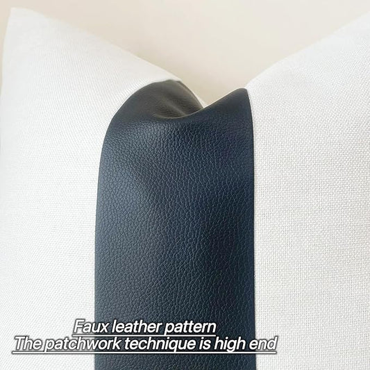 Slow Cow Black Faux Leather and Off White Linen Patchwork Throw Pillow Covers Stripe Cushion Covers 18 x 18 Inches