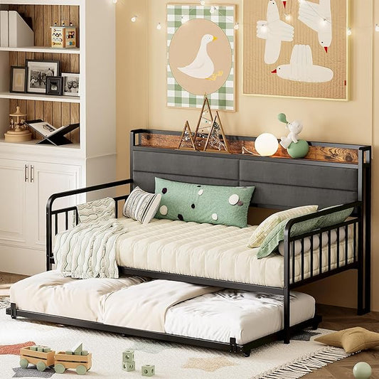 LIKIMIO Daybed with Trundle, Sturdy Metal Twin XL Size Bed Frame with Upholstered Headboard and Charging Station for Living Room, Bedroom and Guest Room, Black