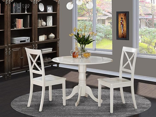 East West Furniture DLBO3-WHI-W 3 Piece Dining Room Table Set Contains a Round Kitchen Table with Dropleaf and 2 Dining Chairs, 42x42 Inch, Linen White