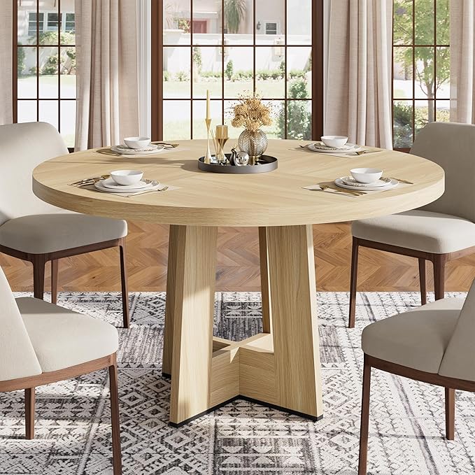 IDEALHOUSE 47" Round Dining Table, Kitchen Table for 4-6 People, Circle Tables with Sturdy Pedestal Base, Space Saving Dinning Room Furniture for Living Room, Kitchen, Apartment, Natural