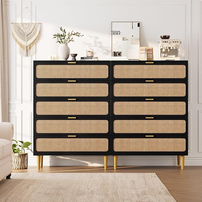 GarveeHome Rattan 5 Drawer Dressers for Bedroom, Tall Dresser with Deep Drawers, Large Chest of Drawers for Closet with Wide Top, Long Wooden Dresser for Living Room, Hallway, Kids Room, Black