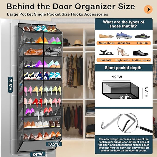 10-Tier Over the Door Shoe Organizer, 20 Pockets Holds 20-30 Pairs, Heavy-Duty Oxford Fabric with Hexagon Mesh for Boots & Sneakers-Dark Gray