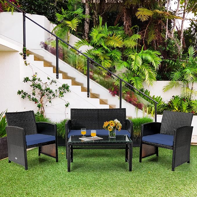 Tangkula 8 Pieces Rattan Furniture Set, Outdoor Conversation Set w/Chair & Loveseat & Tempered Glass Coffee Table, Suitable for Garden, Backyard, Poolside, Patio Furniture Set for 8 (2, Blue)