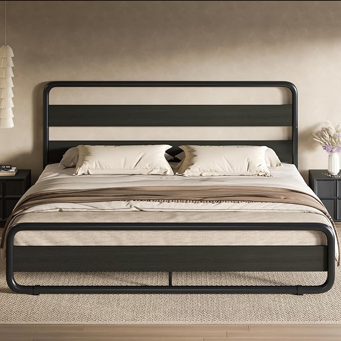 SHA CERLIN Queen Size Metal Bed Frame with Wooden Headboard and Footboard, Heavy Duty Oval-Shaped Platform Bed with Under-Bed Storage, Noise Free, No Box Spring Needed, Black