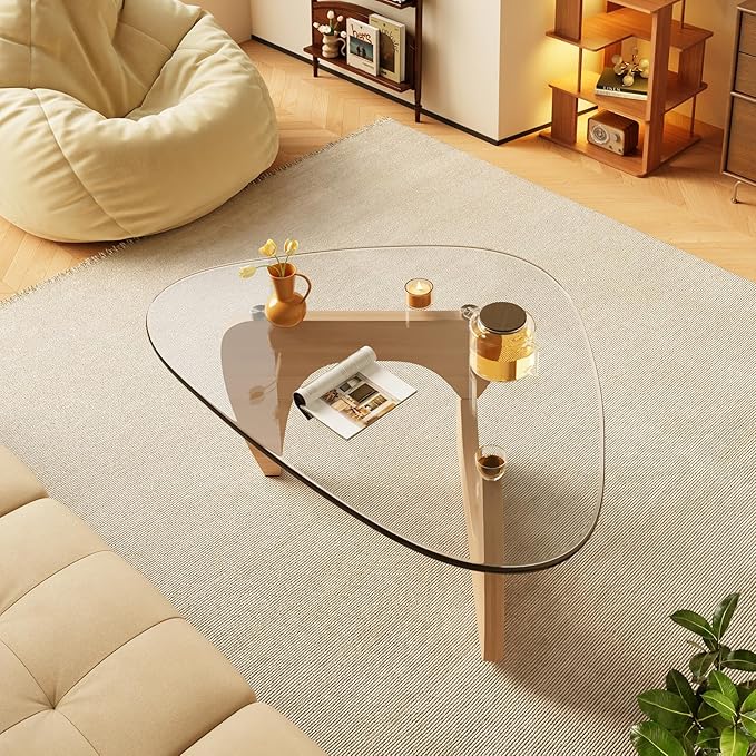 Coffee Tables Glass Small Farmhouse Coffee Table Mid-Century Modern Wood Center Table for Living Room, Original Transparent, 32 Inch