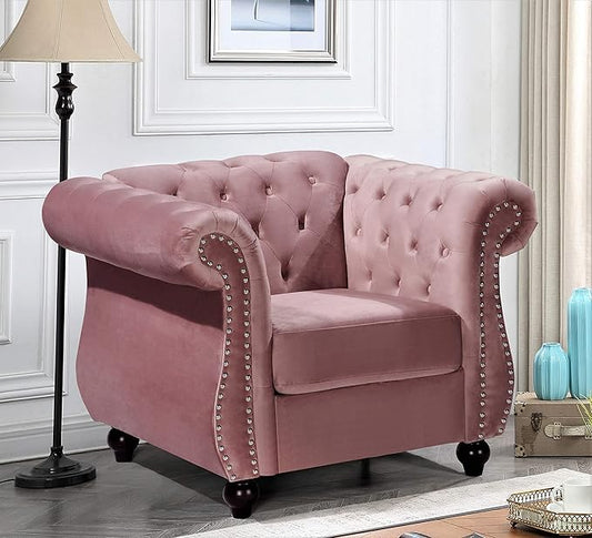 Container Furniture Direct Feinstein Modern Velvet Chesterfield Couches for Living Room with Nailheads, Diamond Tufting & Durable Metal Frame, Chair, Rose