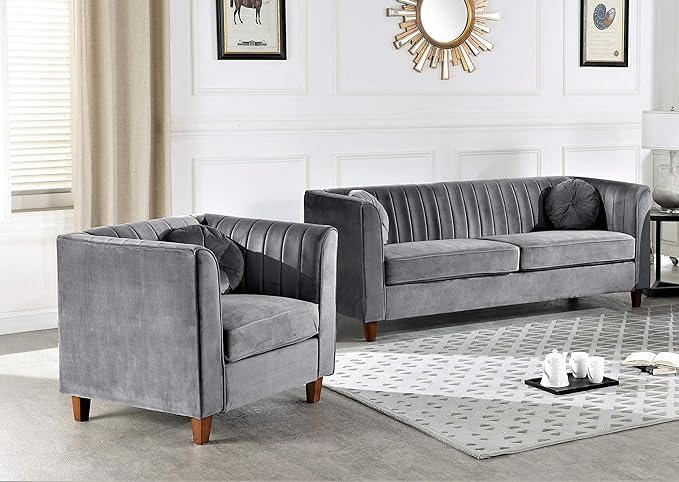 Container Furniture Direct Arvilla Velvet Chair with Bolster Pillows, Soft Upholstery, Mid Century Modern Design, Chesterfield-Inspired Accent Armchair for Living Rooms, Silverish Grey