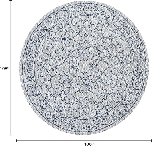 JONATHAN Y Vintage Filigree Indoor Outdoor Round Area Rug 9 Ft Gray/Navy, Charleston Textured Weave for Backyard, Patio, Porch, Easy-Cleaning, High Traffic, Pet-Friendly, Non-Shedding (SMB106C-9R)