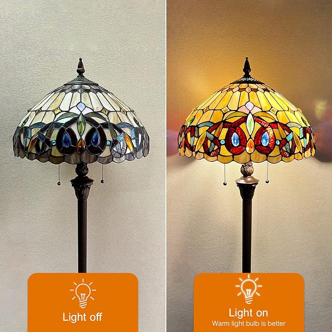 Capulina Tiffany Lamp Stained Glass Floor Lamp 2-Light 16x16x63 Inches Antique Victorian Cream Brown Industrial Dark Bronze Pole Tiffany Style Standing Lamp for Living Room Bedroom Home Office