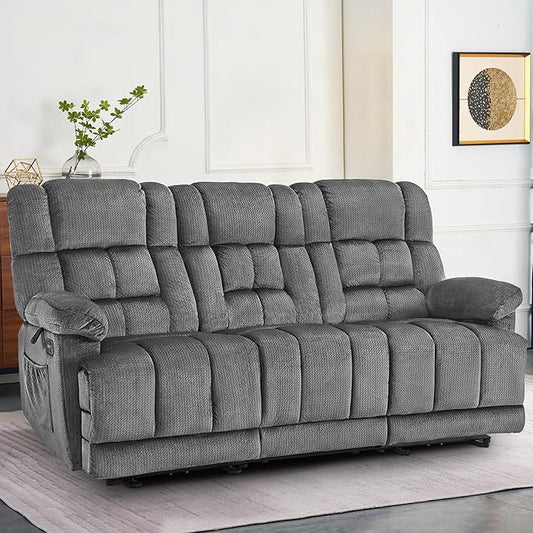 MCombo Zero Gravity Power Recliner Sofa with Drop Down Table, Heat and Vibration Massage, 3 Seater Dual Reclining Couch with USB Ports, Cup Holders for Living Room, Fabric RS6236 (Grey)