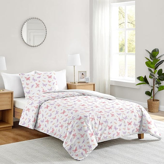 Sweet Jojo Designs 2-Piece Twin Comforter Set (Pink/Purple Shabby Chic Butterfly) for Girls, Teen, Kids Bedding, Bed in a Bag incl. Blanket & Pillow Sham (Colorful, Pastel, Watercolor, Butterflies)
