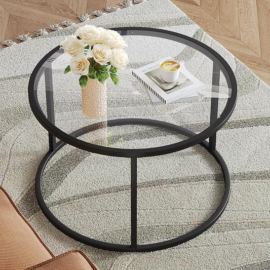 SAYGOER Small Glass Coffee Table Round Coffee Tables 27.6In Modern Tempered Glass-Top Accent Center Table for Living Room Home Office Small Space Easy Assembly