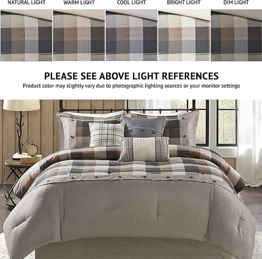 Madison Park Ridge Comforter Set-Cabin Lodge Plaid Herringbone Design All Season Down Alternative Cozy Bedding with Matching Bedskirt, Shams, Decorative Pillow, King(104"x92"), Neutral 7 Piece