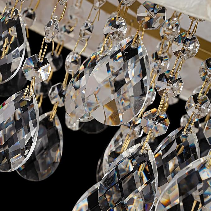 Medium Size 4-Light Drum Capiz Shell Crystal Chandeliers, Coastal Style Pendant Light Fixture for Dining Room, Living Room, D16 x 20~67"(Adjustable), Shell Lampshade & Gold Finish