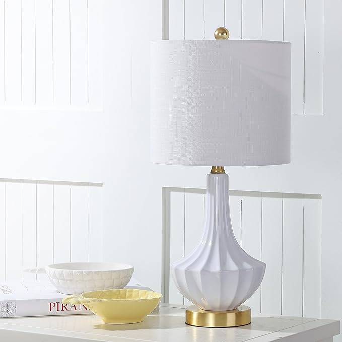 JONATHAN Y 21.5" White Ceramic Mini Table Lamp with Brass Accents, Modern Contemporary Fluted Design with White Linen Shade for Bedroom Living Room, LED Bulb Included JYL1030A