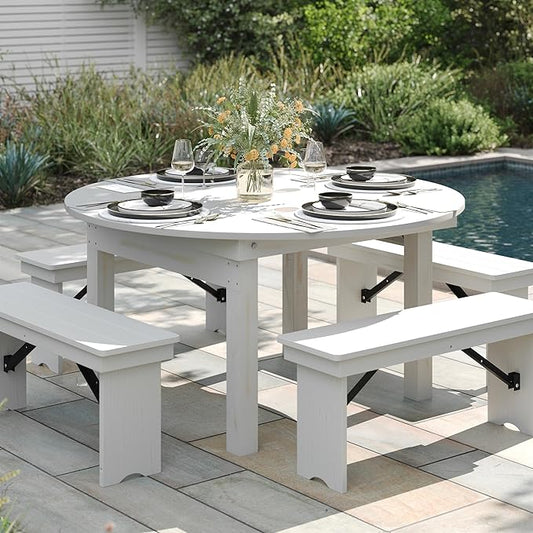 Flash Furniture Hercules Commercial Round Farmhouse Folding Table, Antique Rustic Solid Pine Dining Room Table, Foldable Locking Legs, 60" Diameter, White