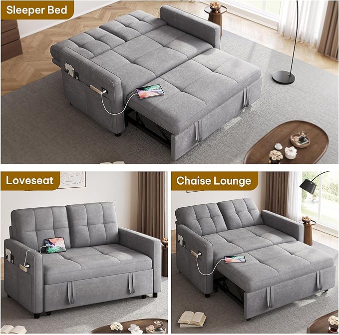 YITAHOME 55" Convertible Sofa Bed, 3-in-1 Sleeper Sofa with Pull-Out Bed, Cat-Scratch-Proof Futon Couch with 5-Levels Reclining Backrest, USB and Side Pocket, Modern Loveseat for Living Room, Grey