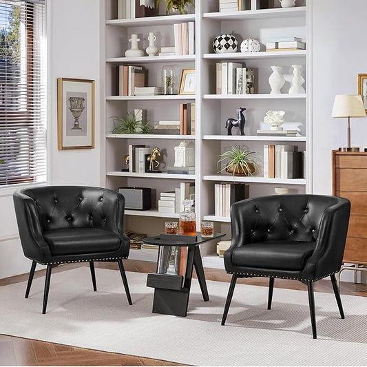 Yaheetech Modern Accent Chair, Faux Leather Retro Armchair, Upholstered Barrel Chair with Metal Leg and Comfy Seat Cushion for Living Room Bedroom, Black, Set of 2