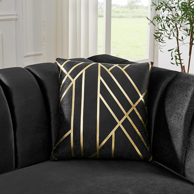 KEIKI 81" Luxury Oversized Velvet Chesterfield Sofa with 2 Pillow & Gold Stainless Decoration, Mid-Century Style 3-Seater Button Tufted Couch with Square Arms, Easy Assembly, for Living Room, Black