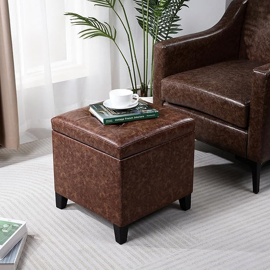 Adeco 18" Faux Leather Storage Ottoman with Hinged Lid, Mid-Century Modern Foot Rest Stool with Solid Wood Legs, Small Coffee Table & Shoe Bench for Living Room, Bedroom, Brown