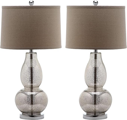 SAFAVIEH Lighting Collection Mercurio Antique Silver/ Wheat Brown Shade 29-inch Bedroom Living Room Home Office Desk Nightstand Table Lamp Set of 2 (LED Bulbs Included)